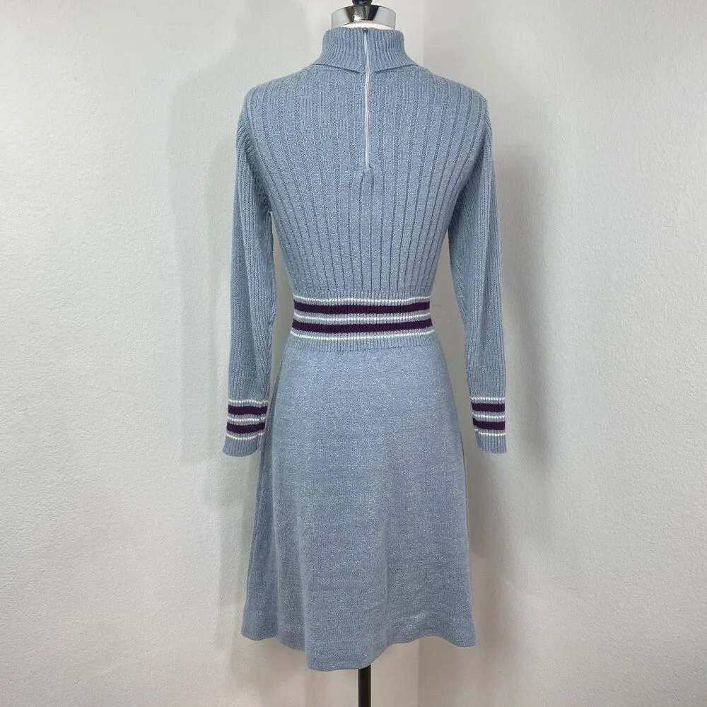Vintage Gray Knit A-Line Knee Length Dress Med Turtleneck Long Sleeves Academia